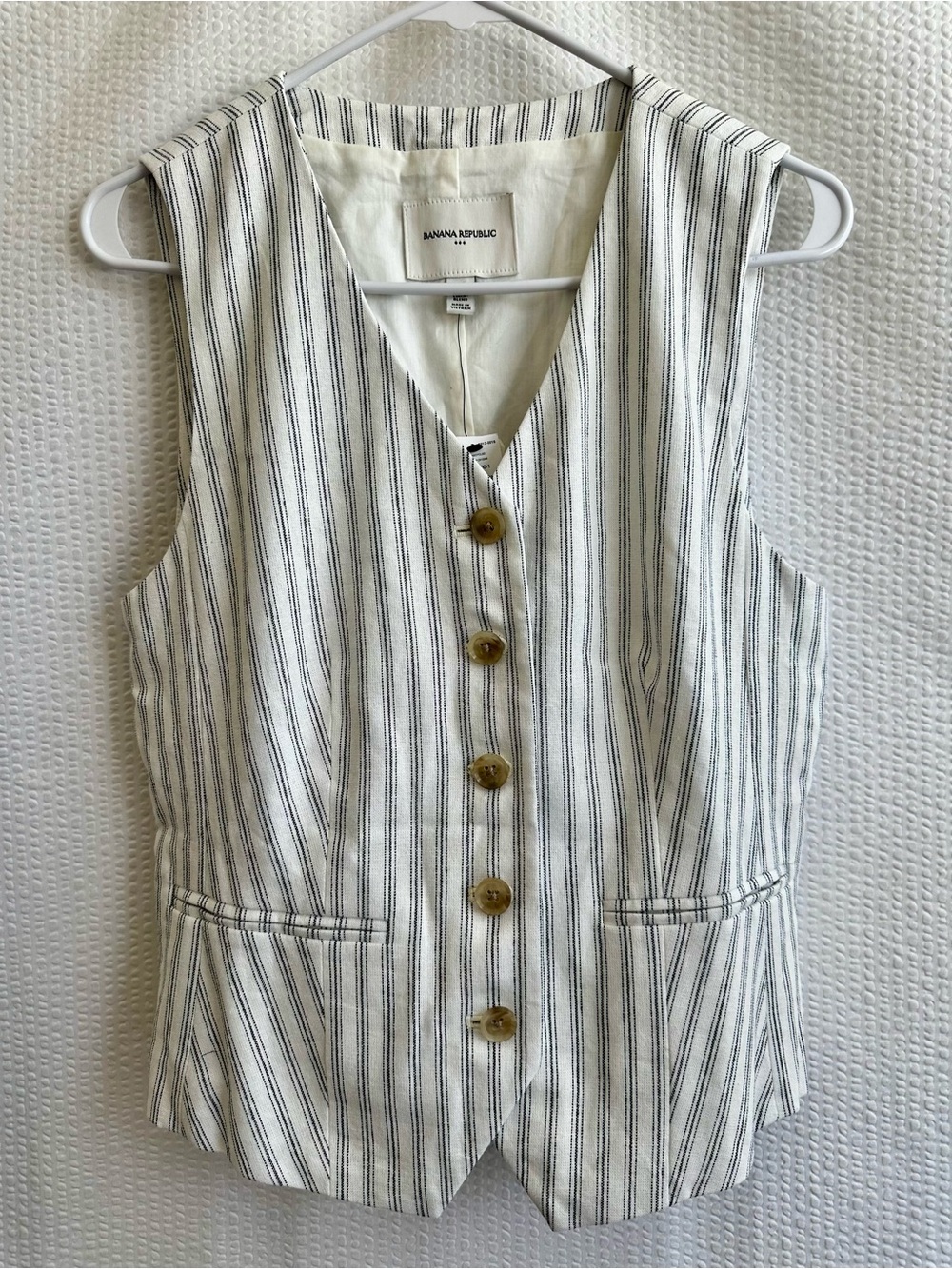 BANANA REPUBLIC Linen Blend Striped Button Front Vest Ivory Black Size Small NWT